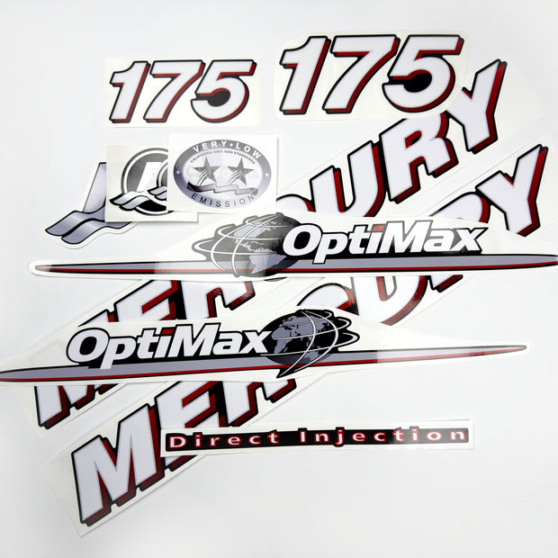 Vinyl graphic red and white decals set suitable for Mercury 175 hp OptiMax two stroke outboard engine. Vinyl red stickers kit for Mercury 175 hp two stroke Handmade