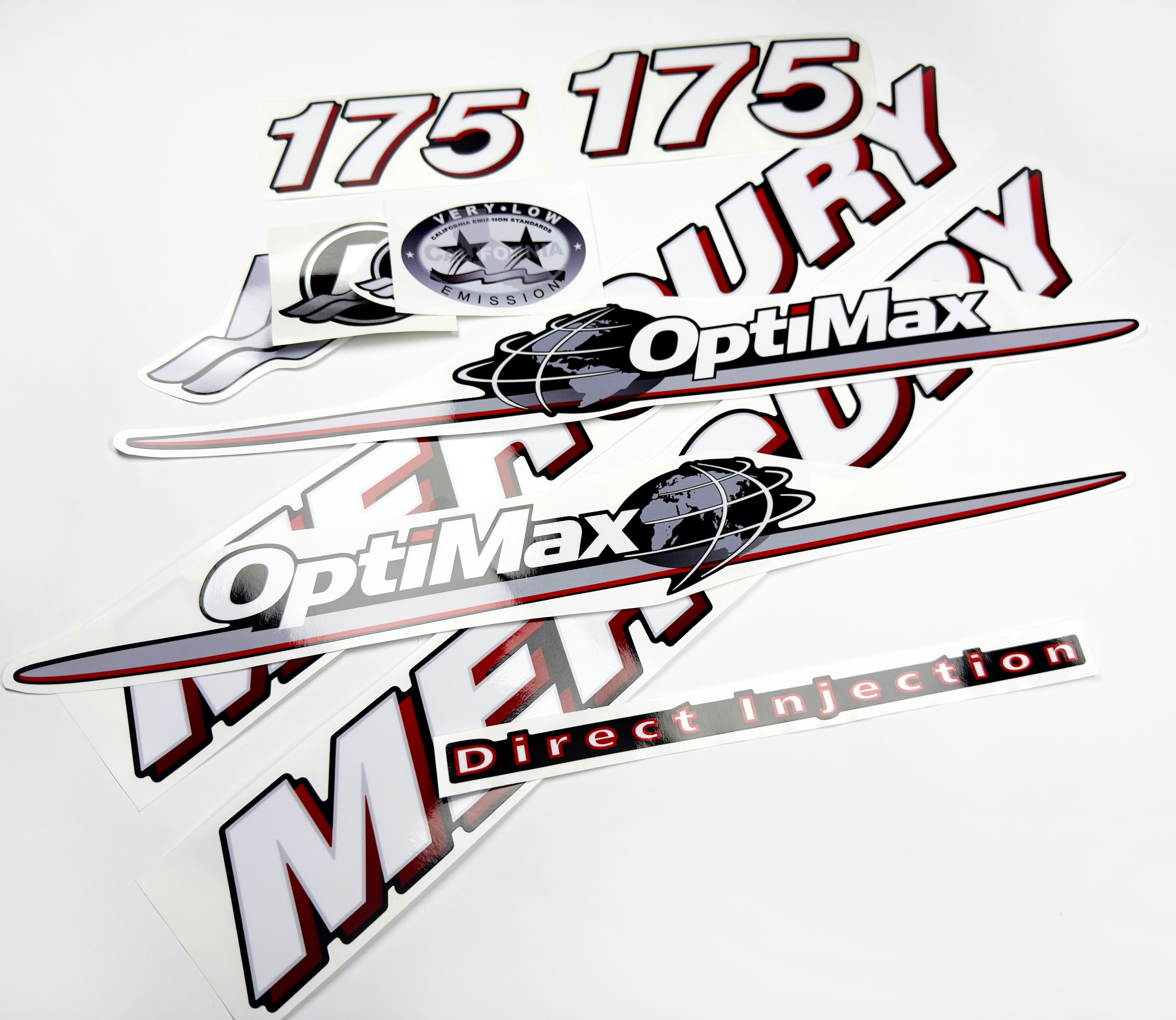 Vinyl graphic red and white decals set suitable for Mercury 175 hp OptiMax two stroke outboard engine. Vinyl red stickers kit for Mercury 175 hp two stroke Handmade