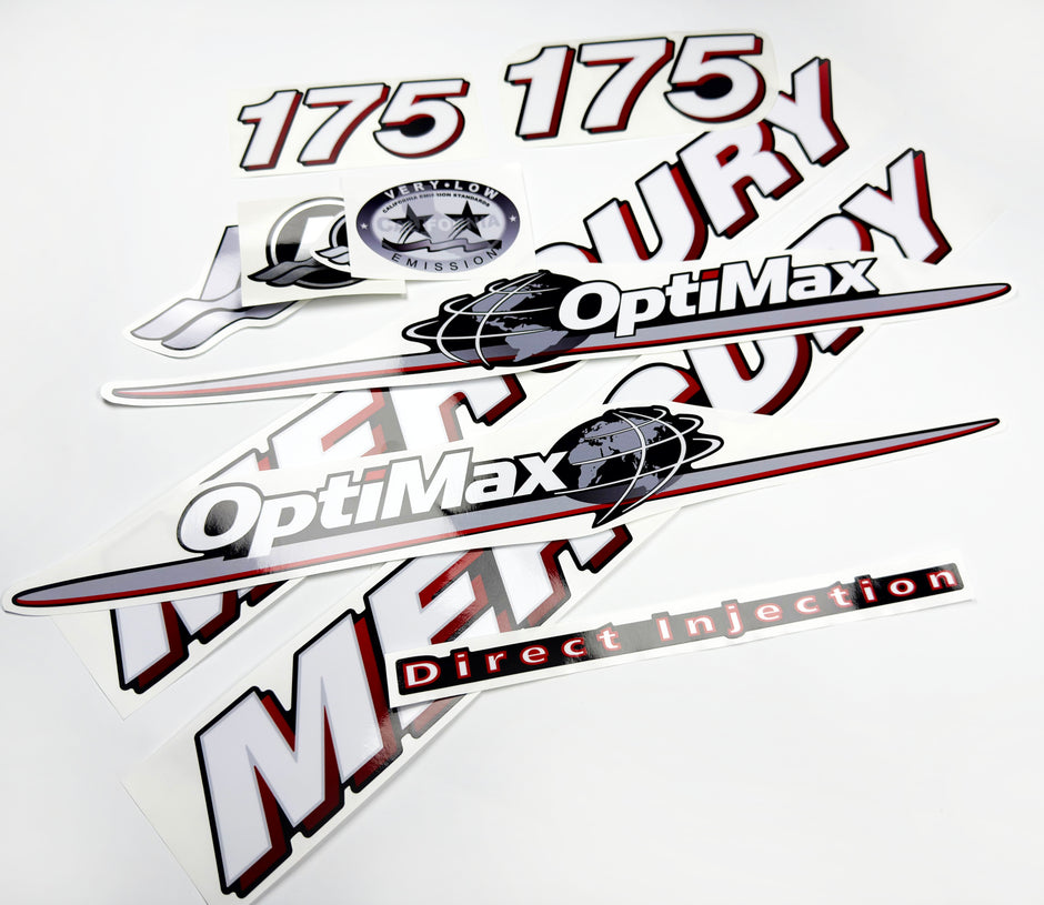 Vinyl graphic red and white decals set suitable for Mercury 175 hp OptiMax two stroke outboard engine. Vinyl red stickers kit for Mercury 175 hp two stroke Handmade