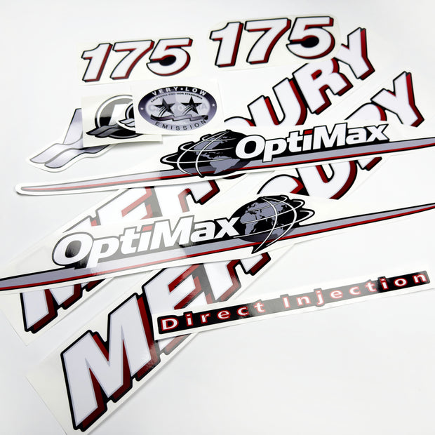 Vinyl graphic red and white decals set suitable for Mercury 175 hp OptiMax two stroke outboard engine. Vinyl red stickers kit for Mercury 175 hp two stroke Handmade