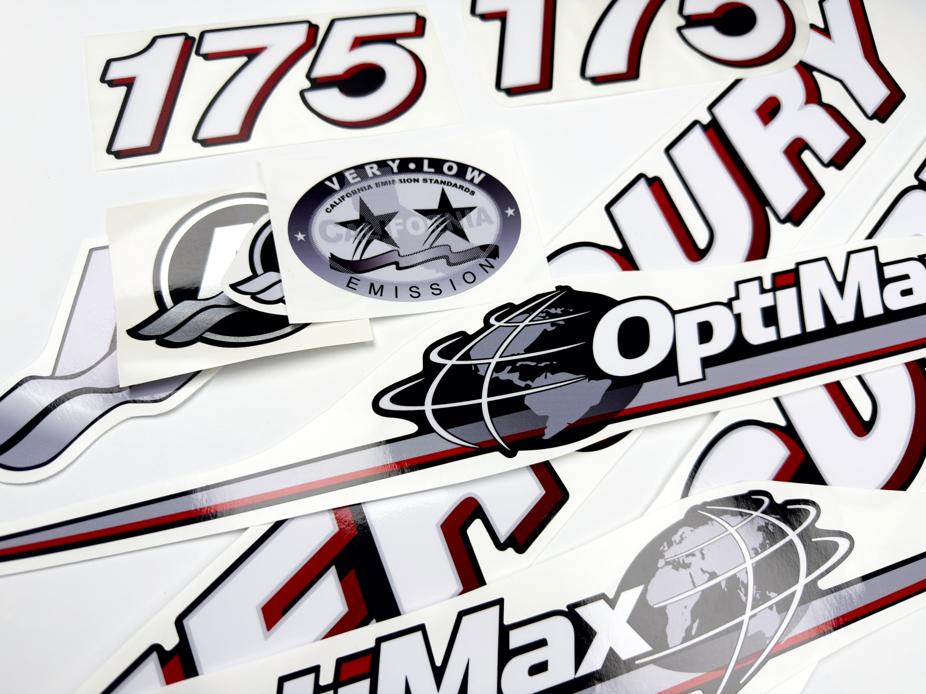 Vinyl graphic red and white decals set suitable for Mercury 175 hp OptiMax two stroke outboard engine. Vinyl red stickers kit for Mercury 175 hp two stroke Handmade