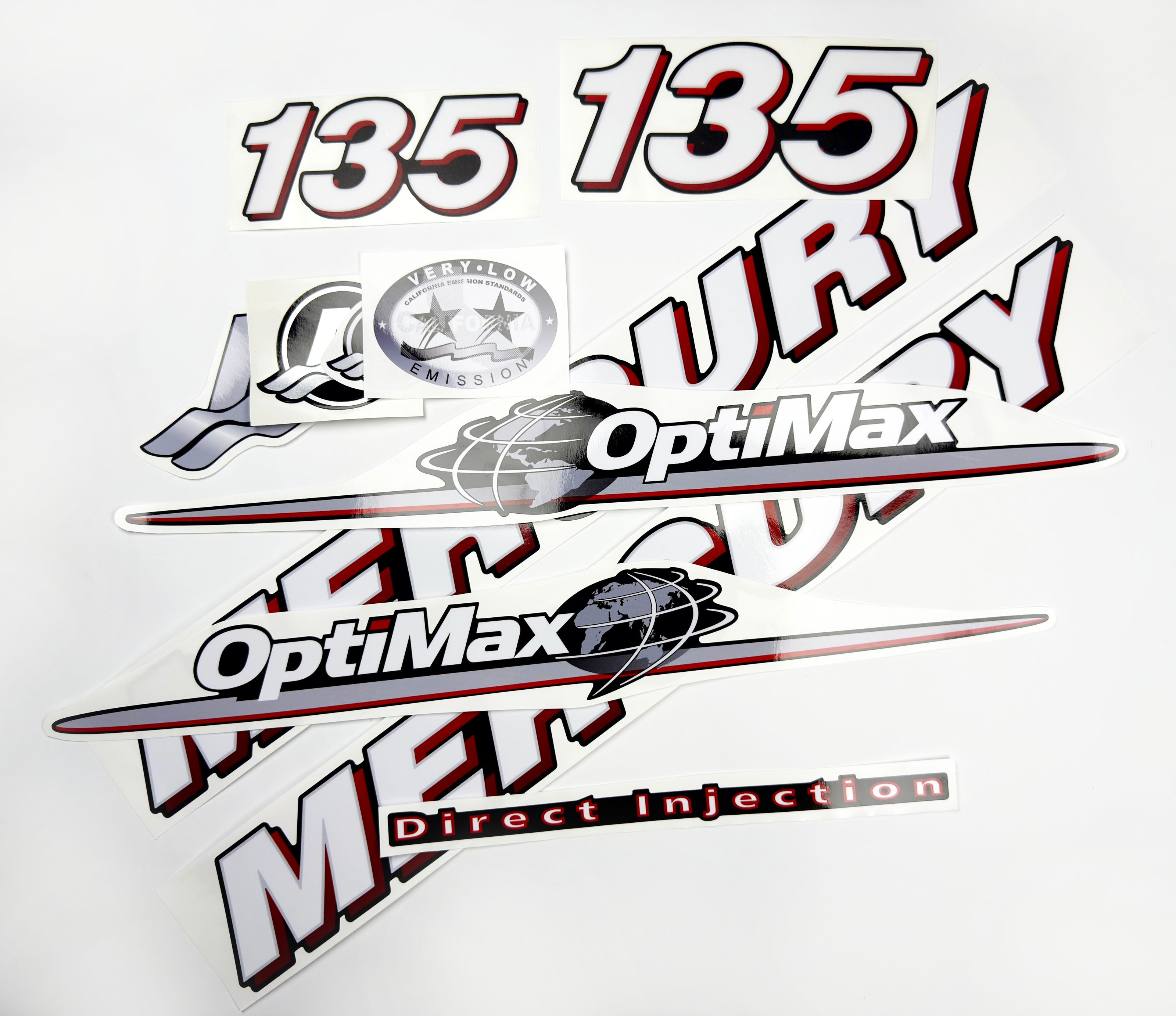 Vinyl graphic red and white decals set suitable for Mercury 135 hp OptiMax two stroke outboard engine. Vinyl red stickers kit for Mercury 135 hp two stroke Handmade