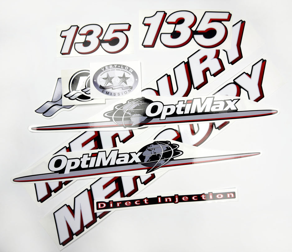 Vinyl graphic red and white decals set suitable for Mercury 135 hp OptiMax two stroke outboard engine. Vinyl red stickers kit for Mercury 135 hp two stroke Handmade
