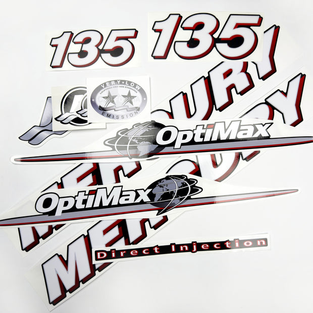 Vinyl graphic red and white decals set suitable for Mercury 135 hp OptiMax two stroke outboard engine. Vinyl red stickers kit for Mercury 135 hp two stroke Handmade