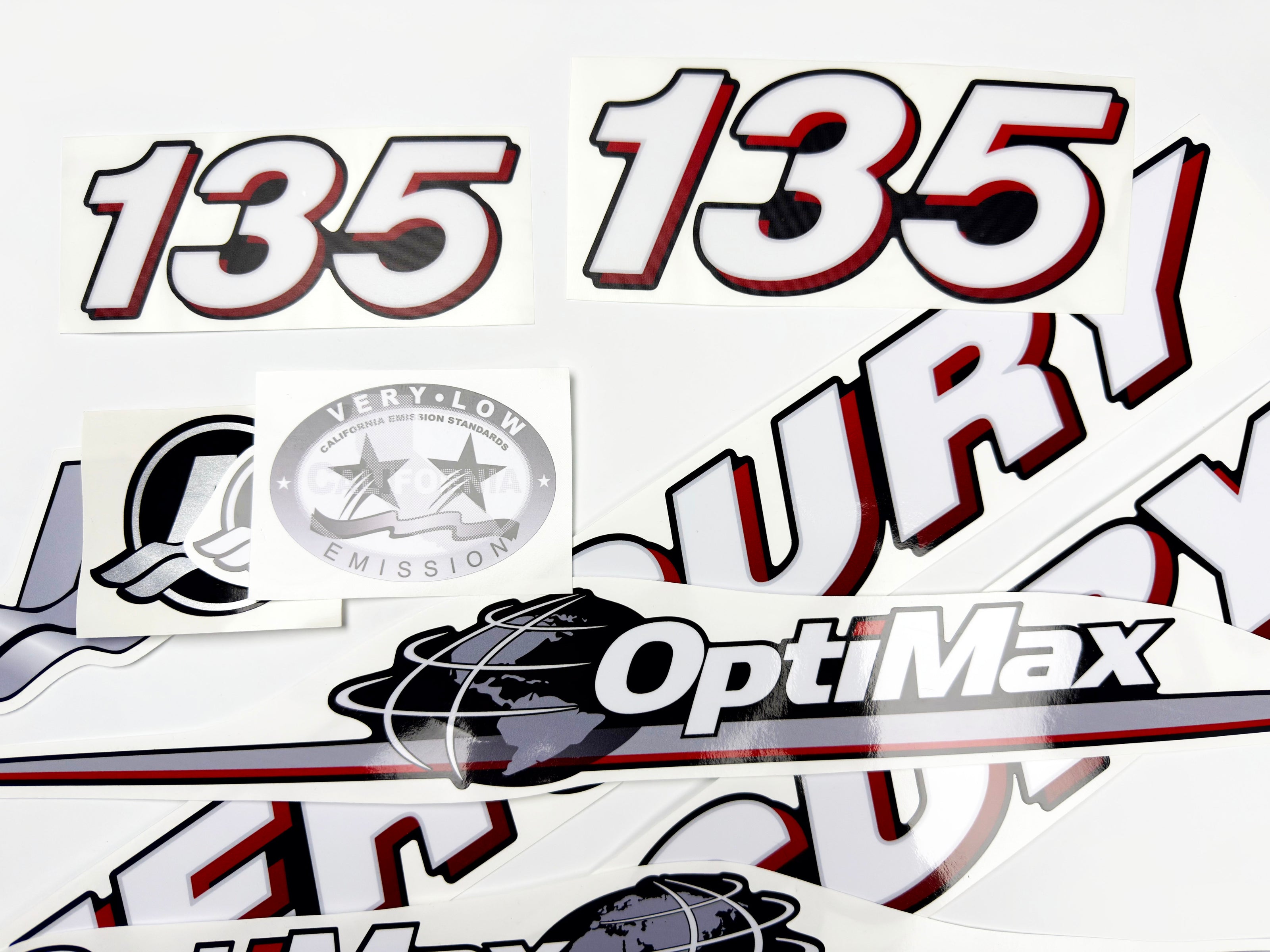 Vinyl graphic red and white decals set suitable for Mercury 135 hp OptiMax two stroke outboard engine. Vinyl red stickers kit for Mercury 135 hp two stroke Handmade