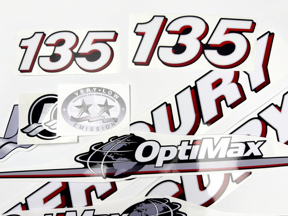 Vinyl graphic red and white decals set suitable for Mercury 135 hp OptiMax two stroke outboard engine. Vinyl red stickers kit for Mercury 135 hp two stroke Handmade