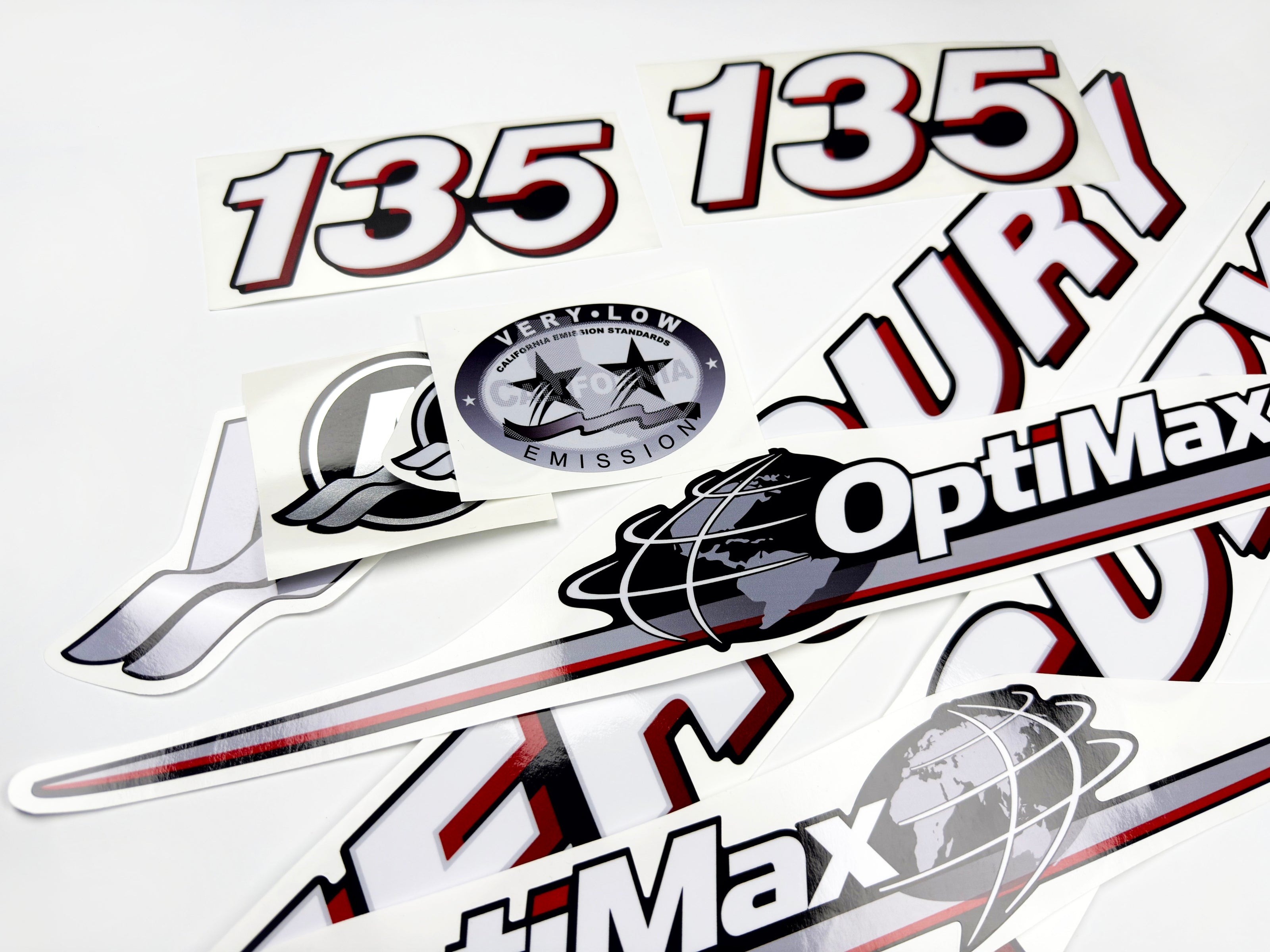 Vinyl graphic red and white decals set suitable for Mercury 135 hp OptiMax two stroke outboard engine. Vinyl red stickers kit for Mercury 135 hp two stroke Handmade