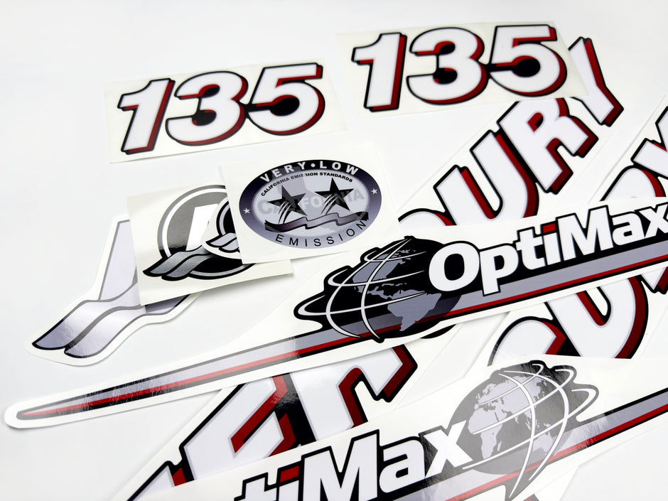 Vinyl graphic red and white decals set suitable for Mercury 135 hp OptiMax two stroke outboard engine. Vinyl red stickers kit for Mercury 135 hp two stroke Handmade