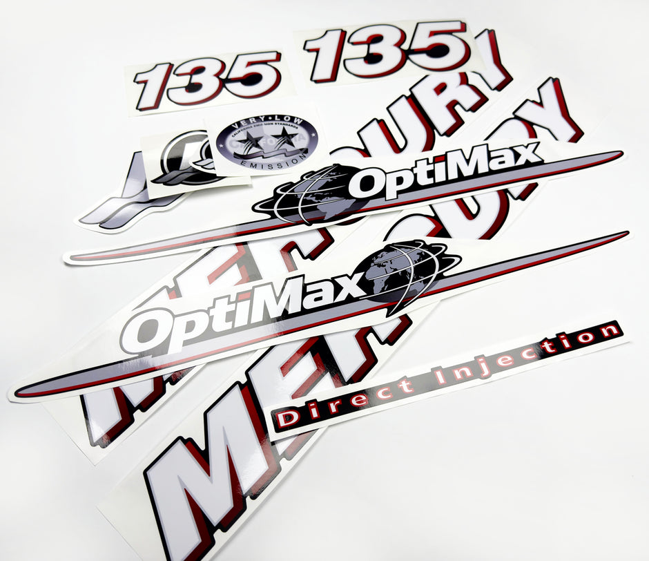 Vinyl graphic red and white decals set suitable for Mercury 135 hp OptiMax two stroke outboard engine. Vinyl red stickers kit for Mercury 135 hp two stroke Handmade