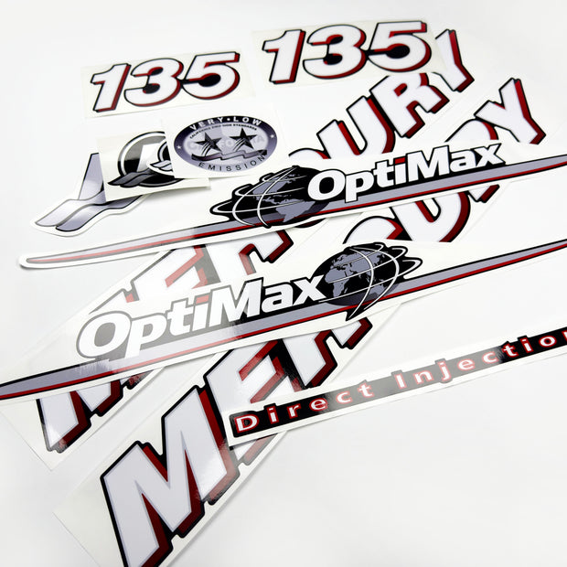 Vinyl graphic red and white decals set suitable for Mercury 135 hp OptiMax two stroke outboard engine. Vinyl red stickers kit for Mercury 135 hp two stroke Handmade