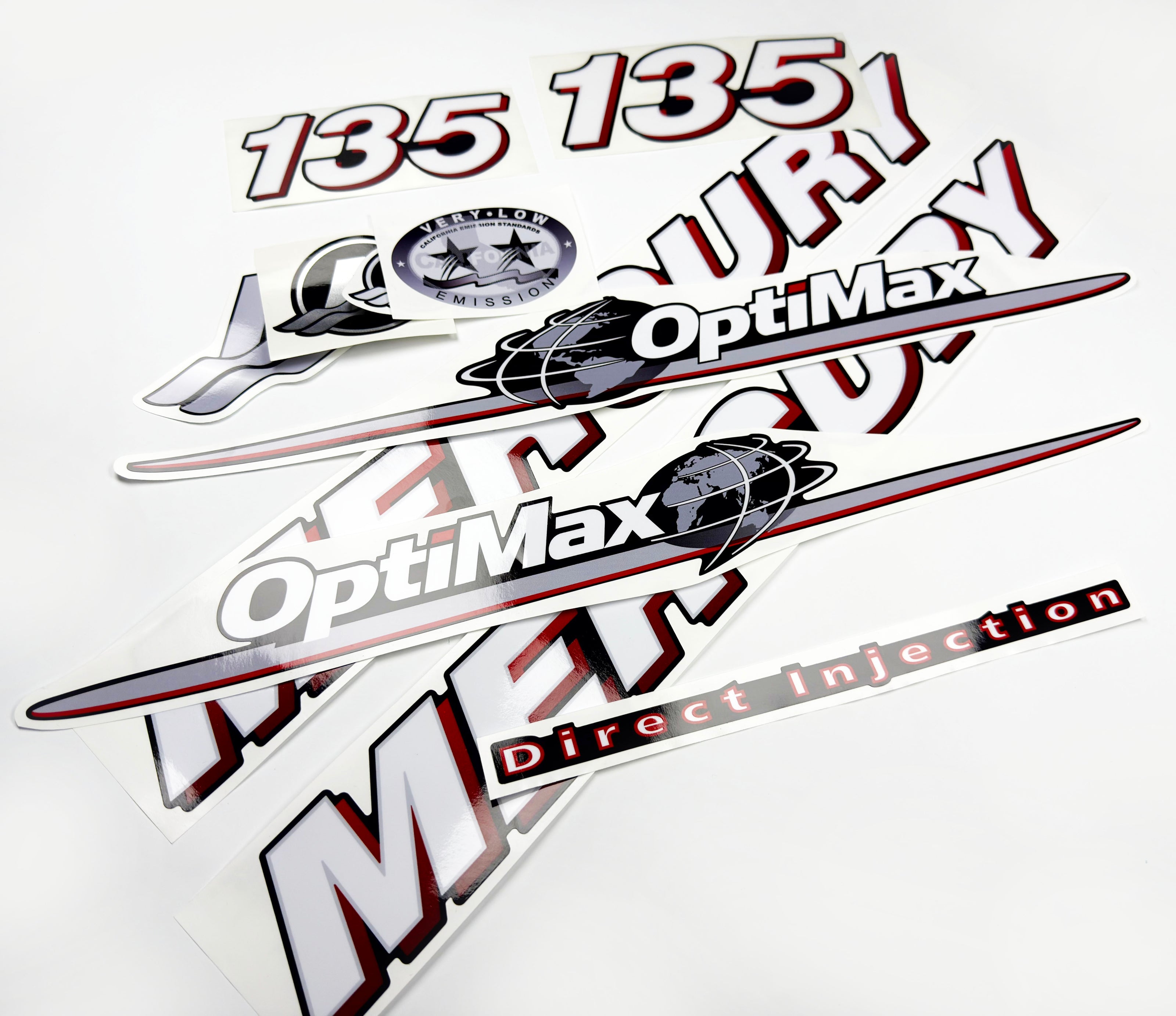 Vinyl graphic red and white decals set suitable for Mercury 135 hp OptiMax two stroke outboard engine. Vinyl red stickers kit for Mercury 135 hp two stroke Handmade