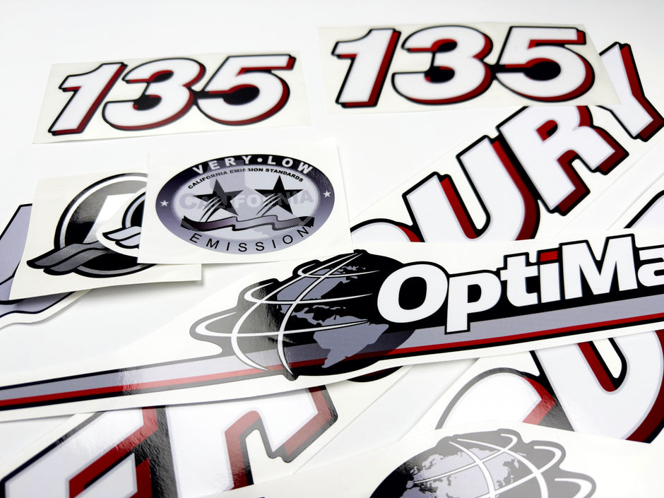 Vinyl graphic red and white decals set suitable for Mercury 135 hp OptiMax two stroke outboard engine. Vinyl red stickers kit for Mercury 135 hp two stroke Handmade