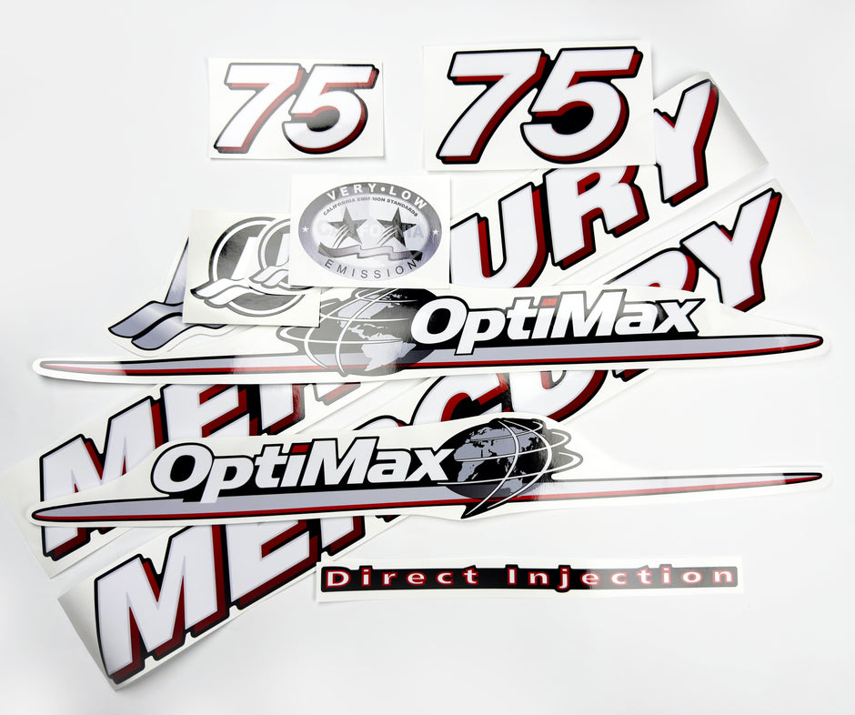 Vinyl graphic red and white decals set suitable for Mercury 75 hp OptiMax two stroke outboard engine. Vinyl red stickers kit for Mercury 75 hp two stroke Handmade
