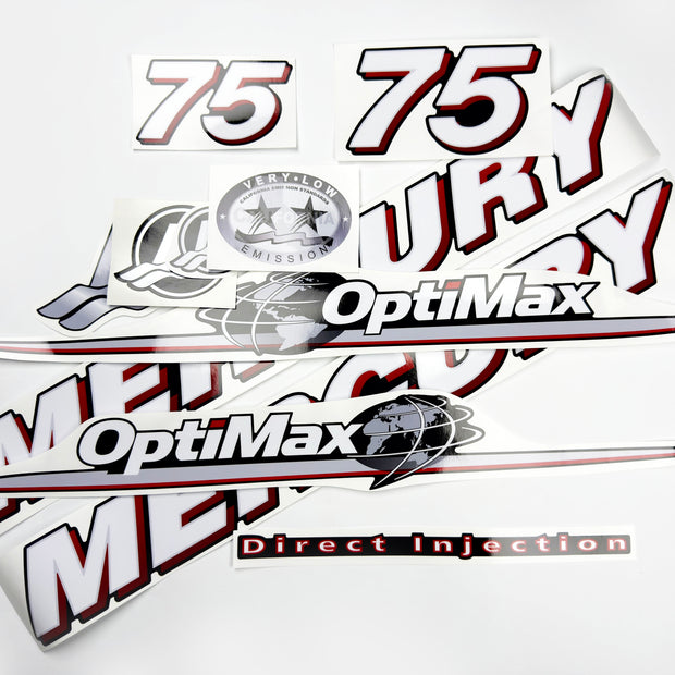 Vinyl graphic red and white decals set suitable for Mercury 75 hp OptiMax two stroke outboard engine. Vinyl red stickers kit for Mercury 75 hp two stroke Handmade