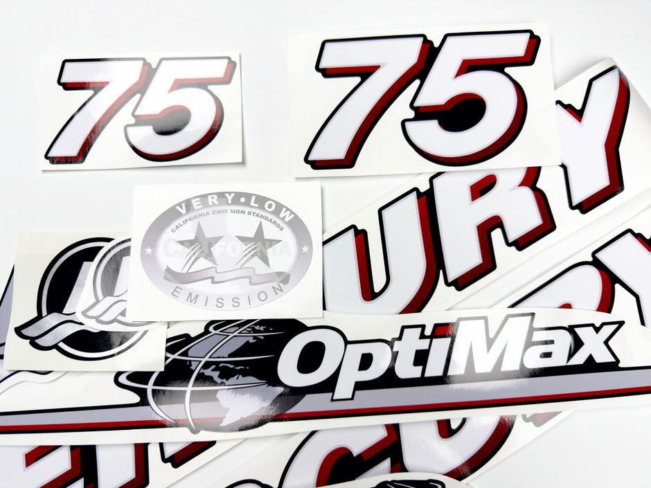 Vinyl graphic red and white decals set suitable for Mercury 75 hp OptiMax two stroke outboard engine. Vinyl red stickers kit for Mercury 75 hp two stroke Handmade