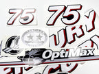 Vinyl graphic red and white decals set suitable for Mercury 75 hp OptiMax two stroke outboard engine. Vinyl red stickers kit for Mercury 75 hp two stroke Handmade