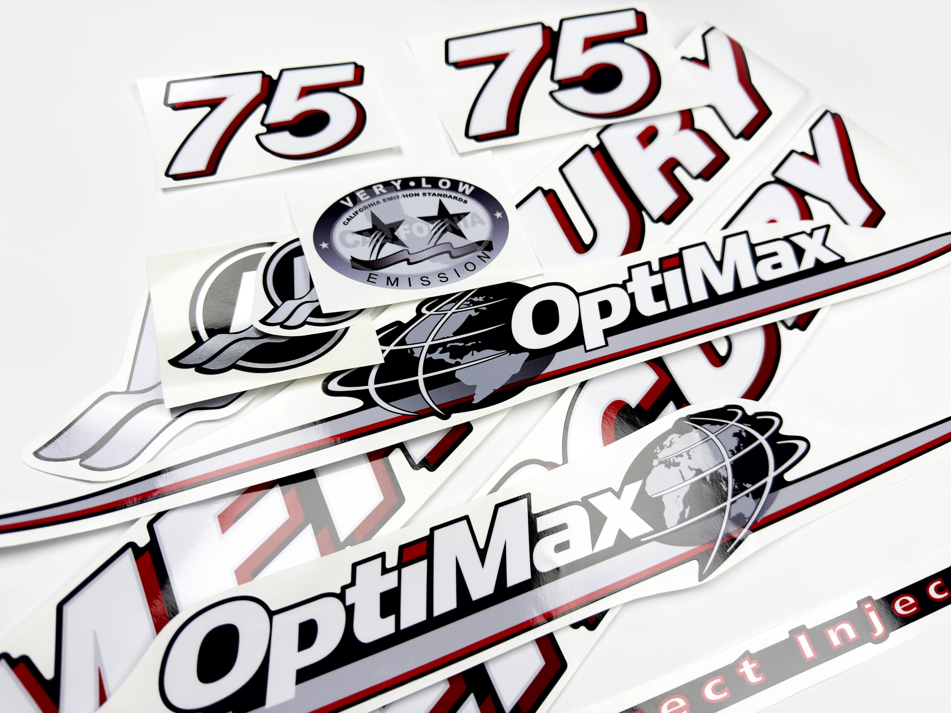 Vinyl graphic red and white decals set suitable for Mercury 75 hp OptiMax two stroke outboard engine. Vinyl red stickers kit for Mercury 75 hp two stroke Handmade