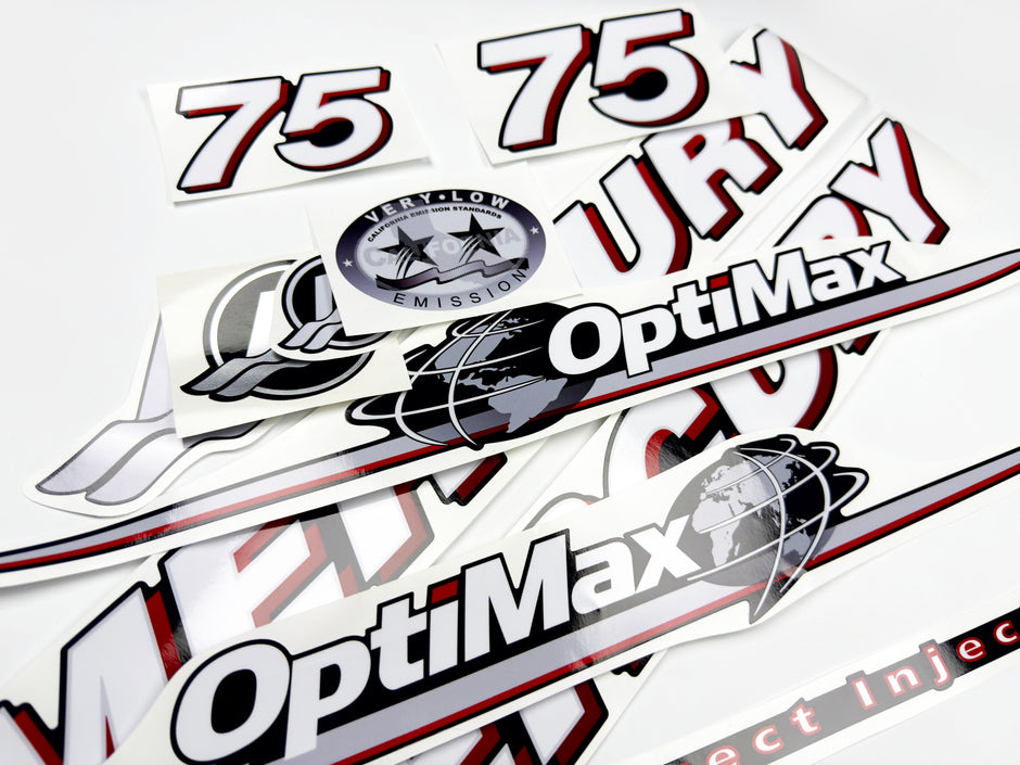 Vinyl graphic red and white decals set suitable for Mercury 75 hp OptiMax two stroke outboard engine. Vinyl red stickers kit for Mercury 75 hp two stroke Handmade