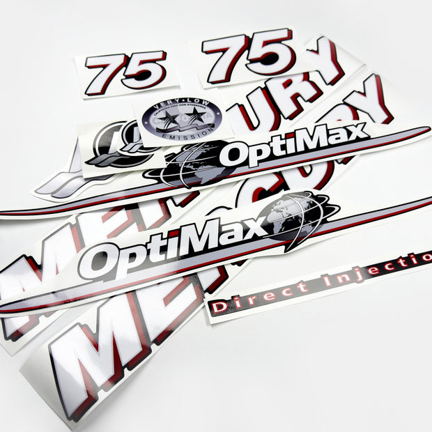 Vinyl graphic red and white decals set suitable for Mercury 75 hp OptiMax two stroke outboard engine. Vinyl red stickers kit for Mercury 75 hp two stroke Handmade