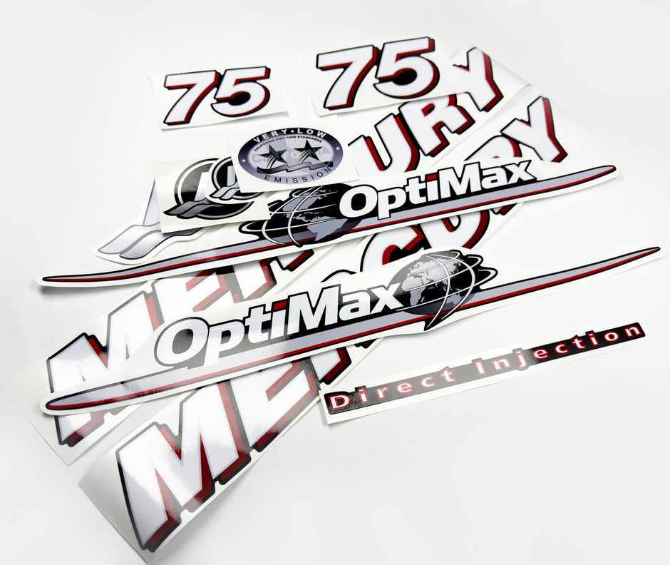 Vinyl graphic red and white decals set suitable for Mercury 75 hp OptiMax two stroke outboard engine. Vinyl red stickers kit for Mercury 75 hp two stroke Handmade