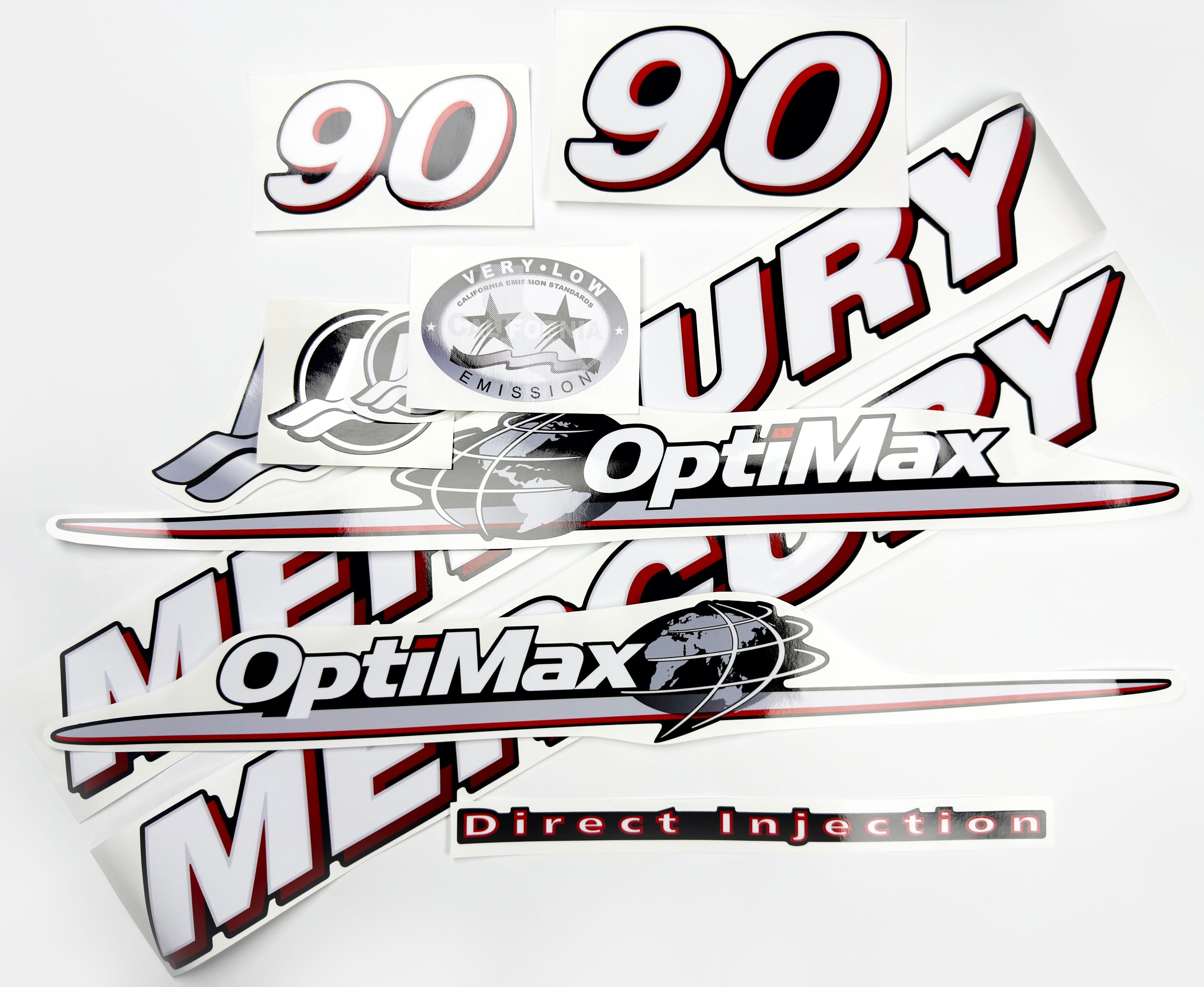 Vinyl graphic red and white decals set suitable for Mercury 90 hp OptiMax two stroke outboard engine. Vinyl red stickers kit for Mercury 90 hp two stroke Handmade