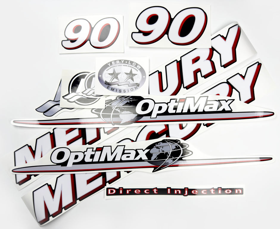 Vinyl graphic red and white decals set suitable for Mercury 90 hp OptiMax two stroke outboard engine. Vinyl red stickers kit for Mercury 90 hp two stroke Handmade
