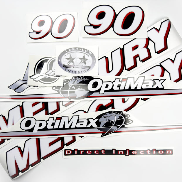 Vinyl graphic red and white decals set suitable for Mercury 90 hp OptiMax two stroke outboard engine. Vinyl red stickers kit for Mercury 90 hp two stroke Handmade