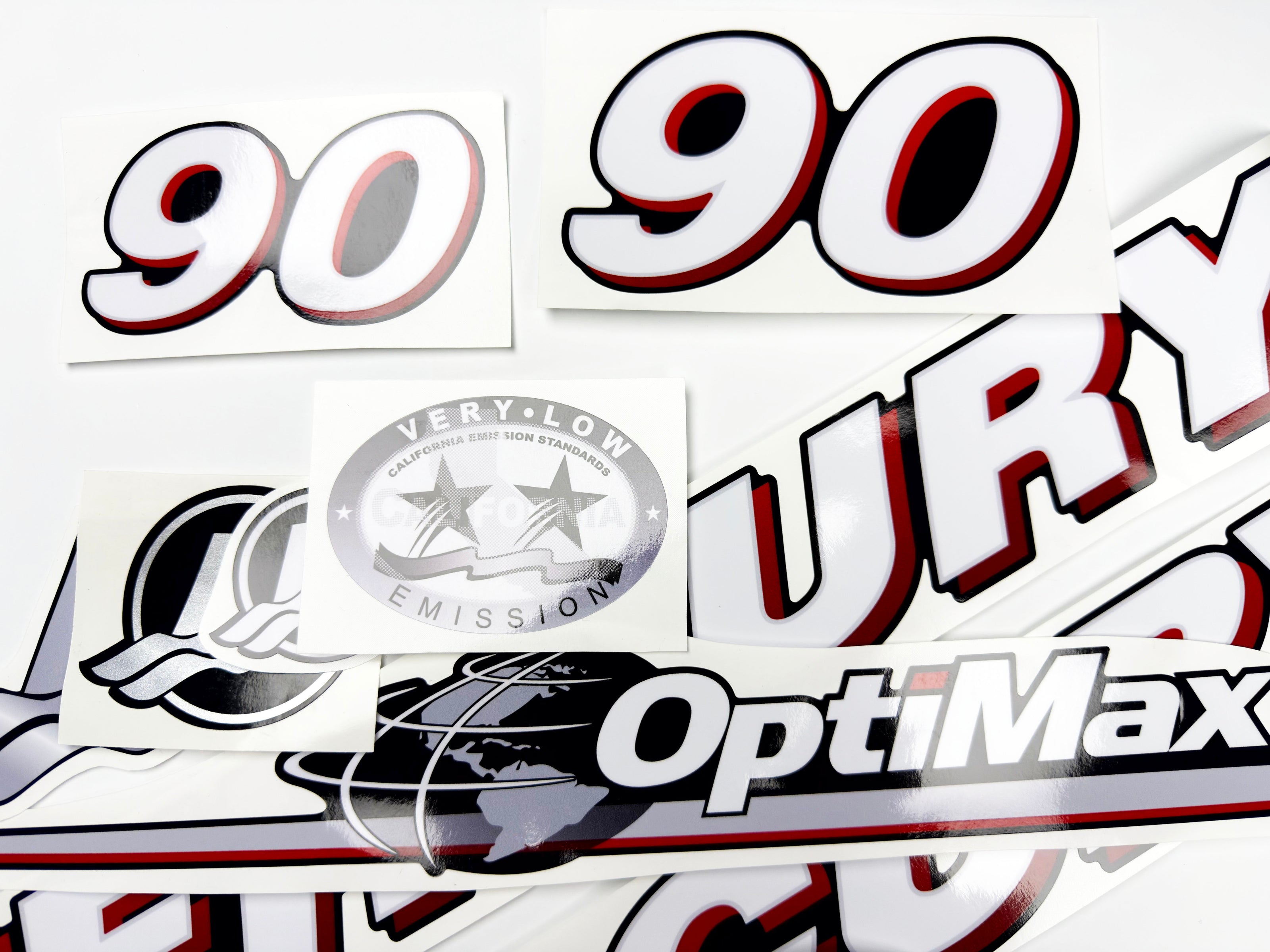 Vinyl graphic red and white decals set suitable for Mercury 90 hp OptiMax two stroke outboard engine. Vinyl red stickers kit for Mercury 90 hp two stroke Handmade