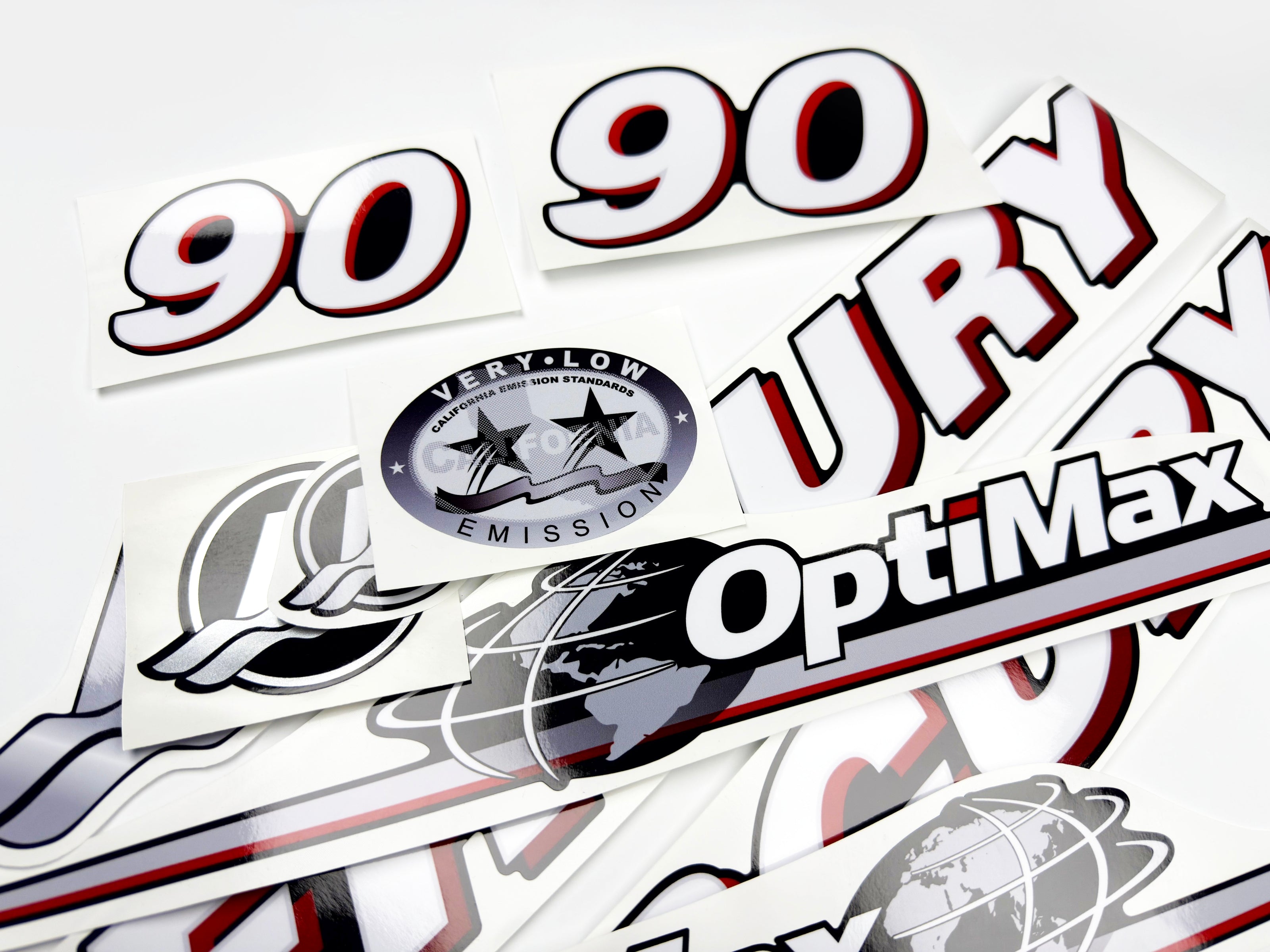 Vinyl graphic red and white decals set suitable for Mercury 90 hp OptiMax two stroke outboard engine. Vinyl red stickers kit for Mercury 90 hp two stroke Handmade