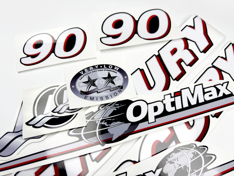 Vinyl graphic red and white decals set suitable for Mercury 90 hp OptiMax two stroke outboard engine. Vinyl red stickers kit for Mercury 90 hp two stroke Handmade