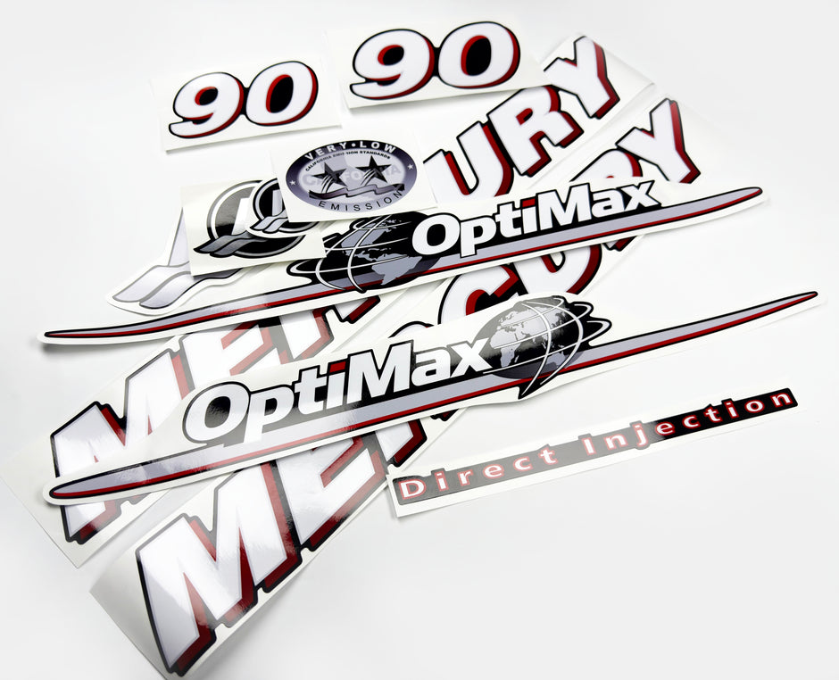 Vinyl graphic red and white decals set suitable for Mercury 90 hp OptiMax two stroke outboard engine. Vinyl red stickers kit for Mercury 90 hp two stroke Handmade
