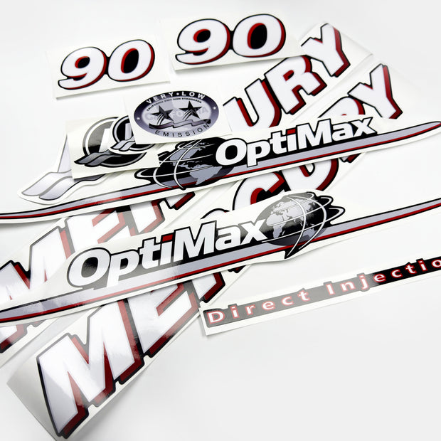 Vinyl graphic red and white decals set suitable for Mercury 90 hp OptiMax two stroke outboard engine. Vinyl red stickers kit for Mercury 90 hp two stroke Handmade