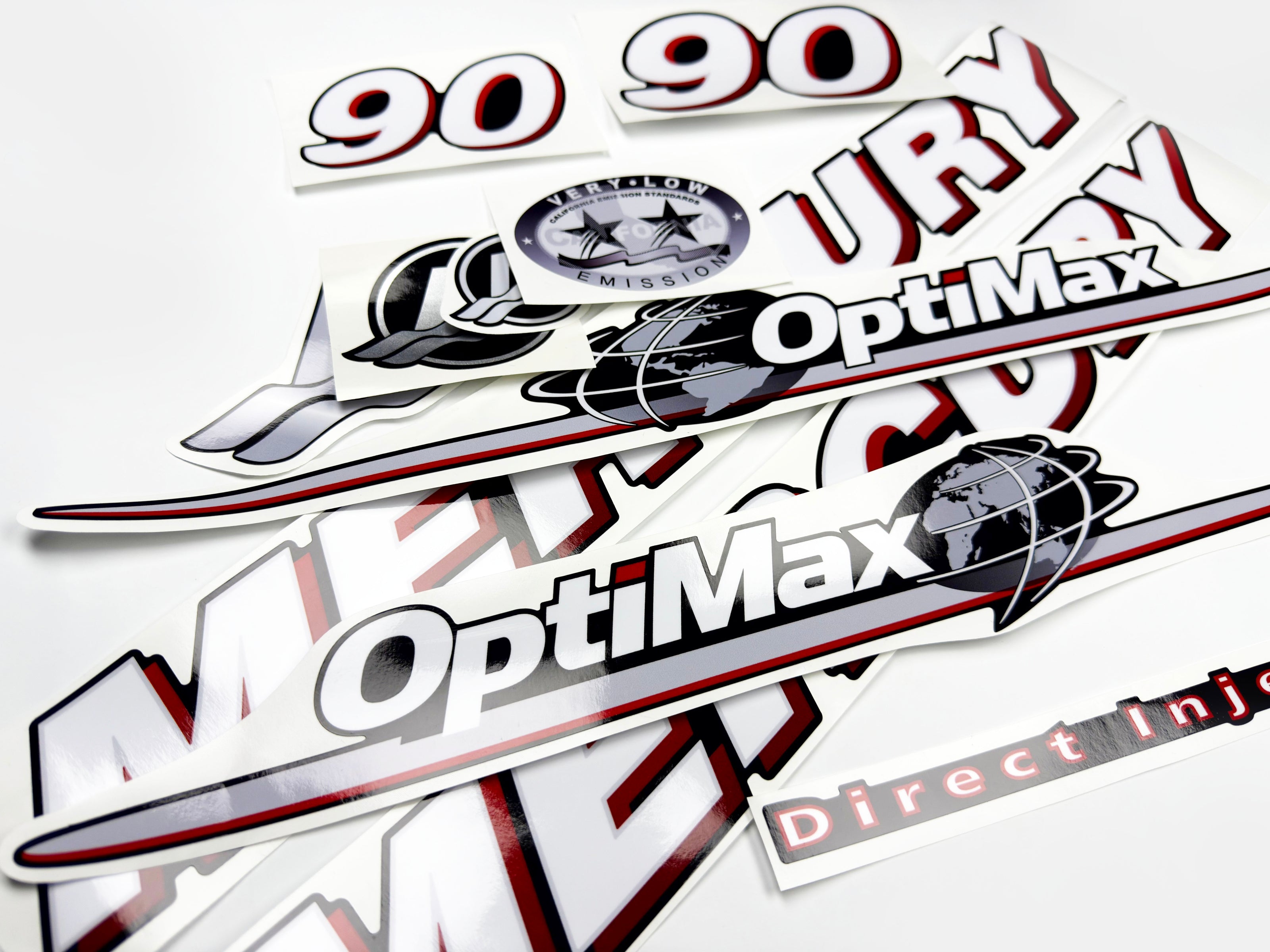 Vinyl graphic red and white decals set suitable for Mercury 90 hp OptiMax two stroke outboard engine. Vinyl red stickers kit for Mercury 90 hp two stroke Handmade