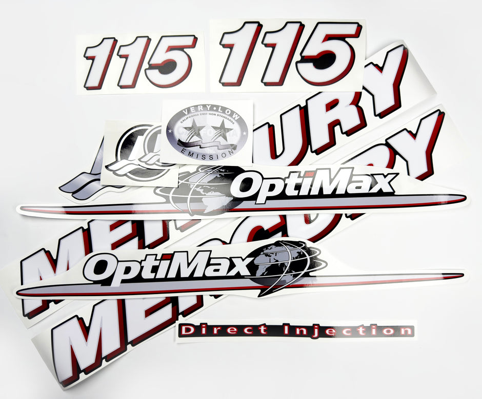 Vinyl graphic red and white decals set suitable for Mercury 115 hp OptiMax two stroke outboard engine. Vinyl red stickers kit for Mercury 115 hp two stroke Handmade