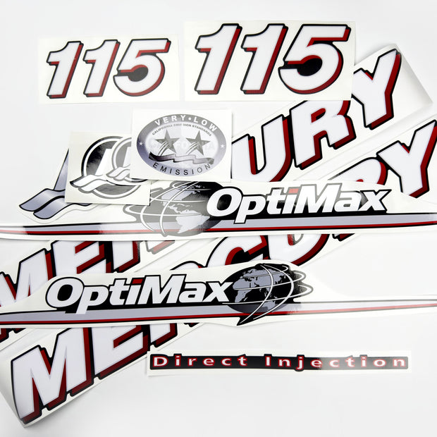 Vinyl graphic red and white decals set suitable for Mercury 115 hp OptiMax two stroke outboard engine. Vinyl red stickers kit for Mercury 115 hp two stroke Handmade
