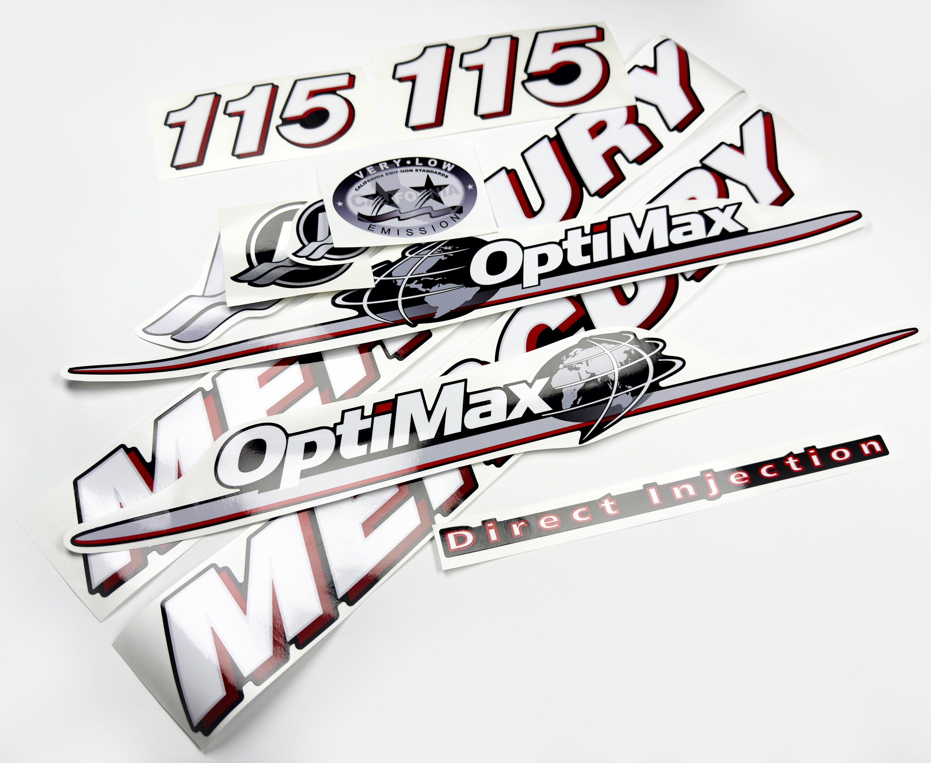 Vinyl graphic red and white decals set suitable for Mercury 115 hp OptiMax two stroke outboard engine. Vinyl red stickers kit for Mercury 115 hp two stroke Handmade
