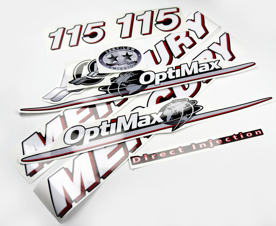 Vinyl graphic red and white decals set suitable for Mercury 115 hp OptiMax two stroke outboard engine. Vinyl red stickers kit for Mercury 115 hp two stroke Handmade