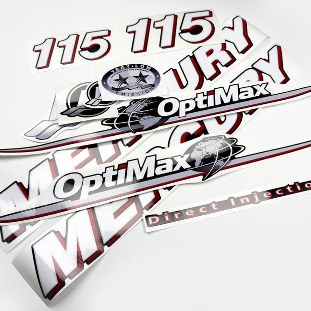 Vinyl graphic red and white decals set suitable for Mercury 115 hp OptiMax two stroke outboard engine. Vinyl red stickers kit for Mercury 115 hp two stroke Handmade
