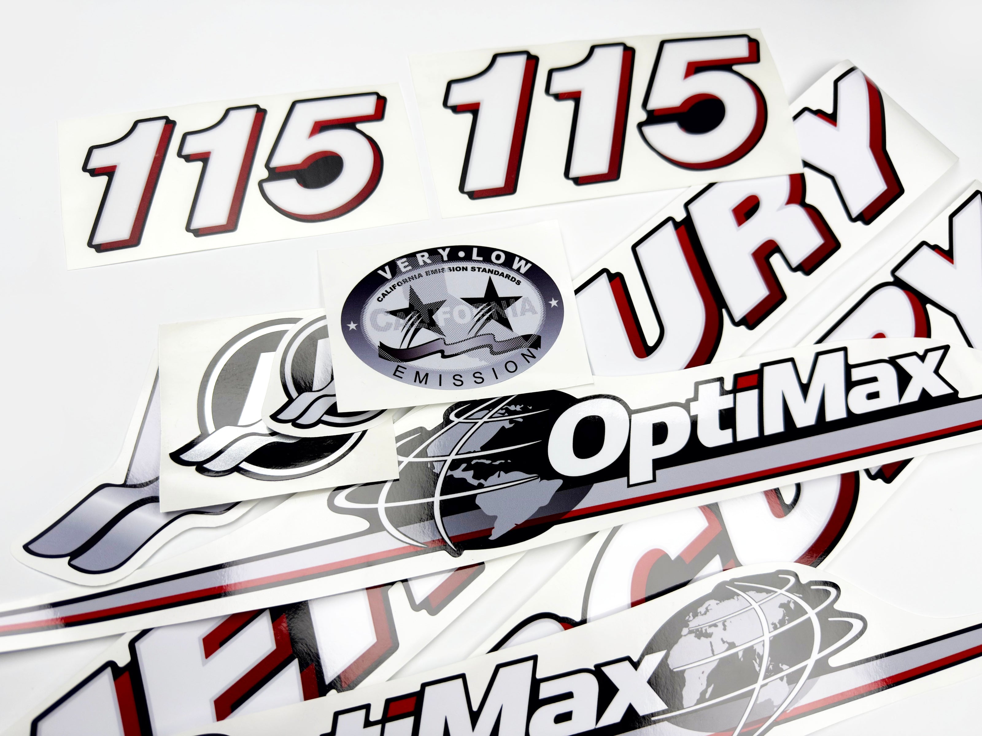 Vinyl graphic red and white decals set suitable for Mercury 115 hp OptiMax two stroke outboard engine. Vinyl red stickers kit for Mercury 115 hp two stroke Handmade