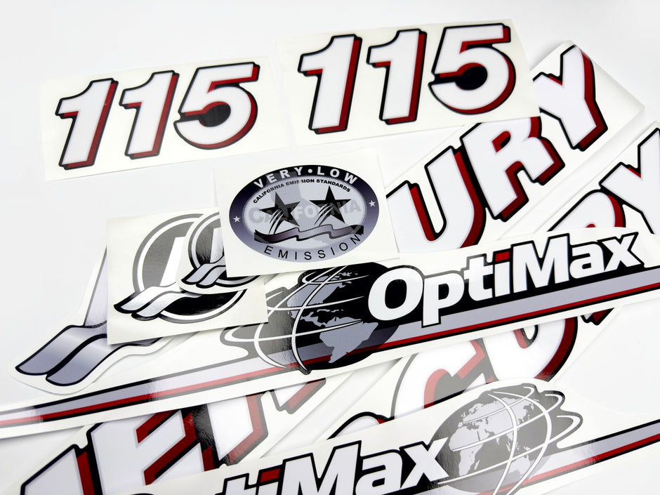 Vinyl graphic red and white decals set suitable for Mercury 115 hp OptiMax two stroke outboard engine. Vinyl red stickers kit for Mercury 115 hp two stroke Handmade