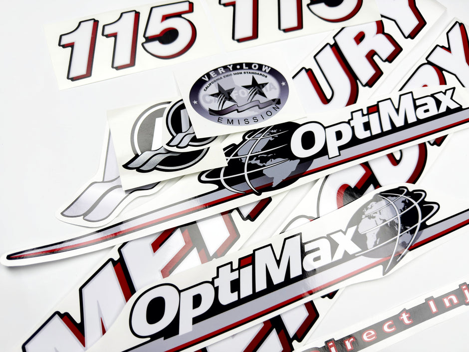 Vinyl graphic red and white decals set suitable for Mercury 115 hp OptiMax two stroke outboard engine. Vinyl red stickers kit for Mercury 115 hp two stroke Handmade