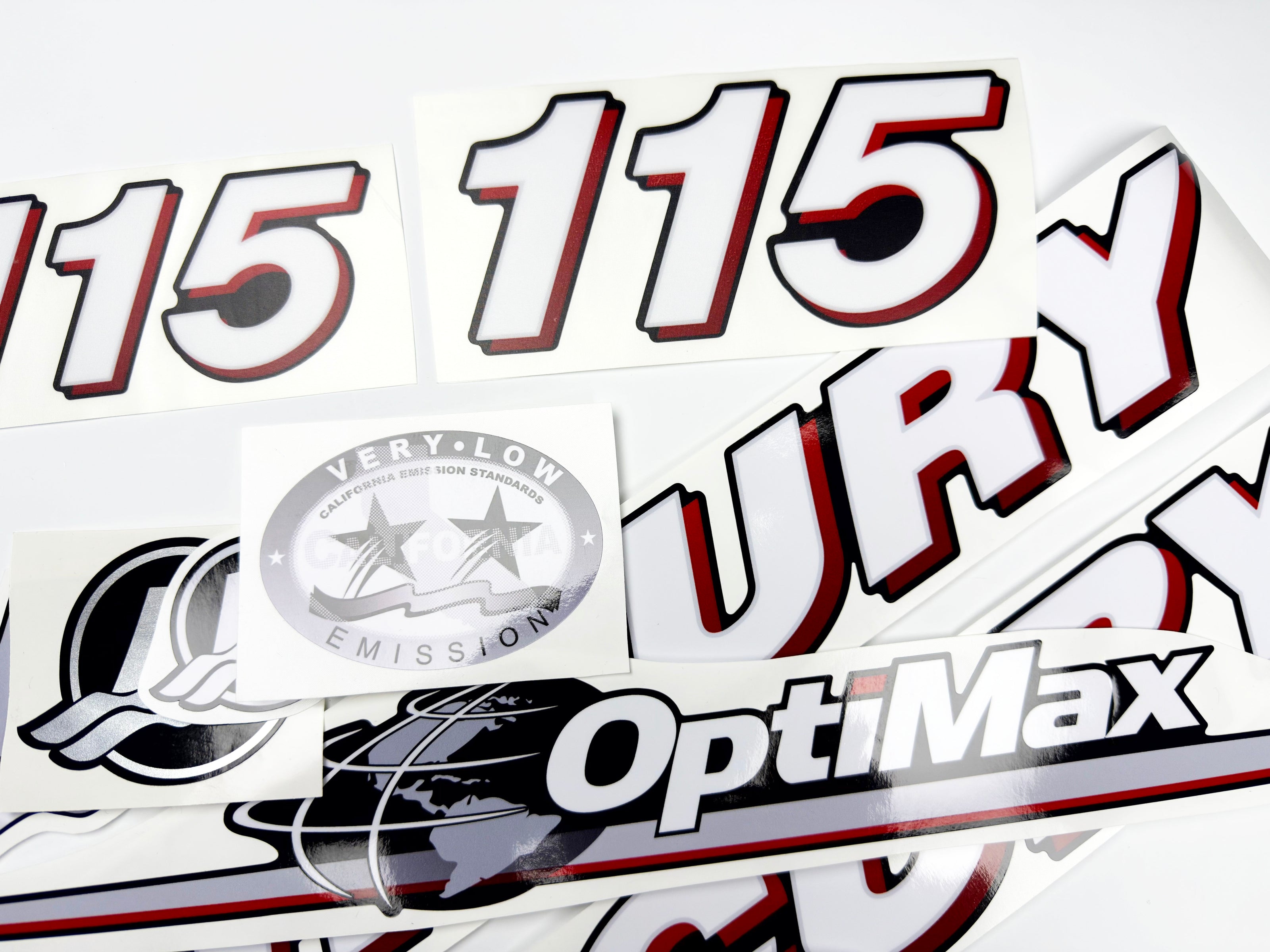 Vinyl graphic red and white decals set suitable for Mercury 115 hp OptiMax two stroke outboard engine. Vinyl red stickers kit for Mercury 115 hp two stroke Handmade