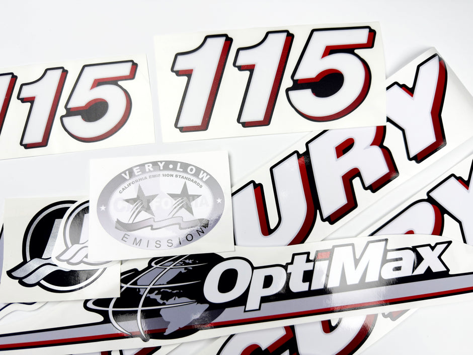 Vinyl graphic red and white decals set suitable for Mercury 115 hp OptiMax two stroke outboard engine. Vinyl red stickers kit for Mercury 115 hp two stroke Handmade
