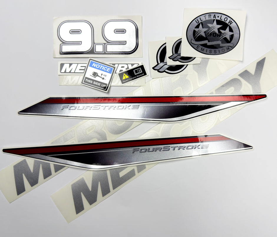 Vinyl graphic silver shimmer decals set suitable for Mercury 9.9 hp four stroke outboard engine. Vinyl silver shimmer stickers kit for Mercury 9.9 hp four stroke Handmade