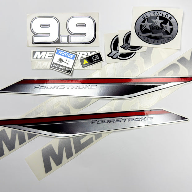 Vinyl graphic silver shimmer decals set suitable for Mercury 9.9 hp four stroke outboard engine. Vinyl silver shimmer stickers kit for Mercury 9.9 hp four stroke Handmade
