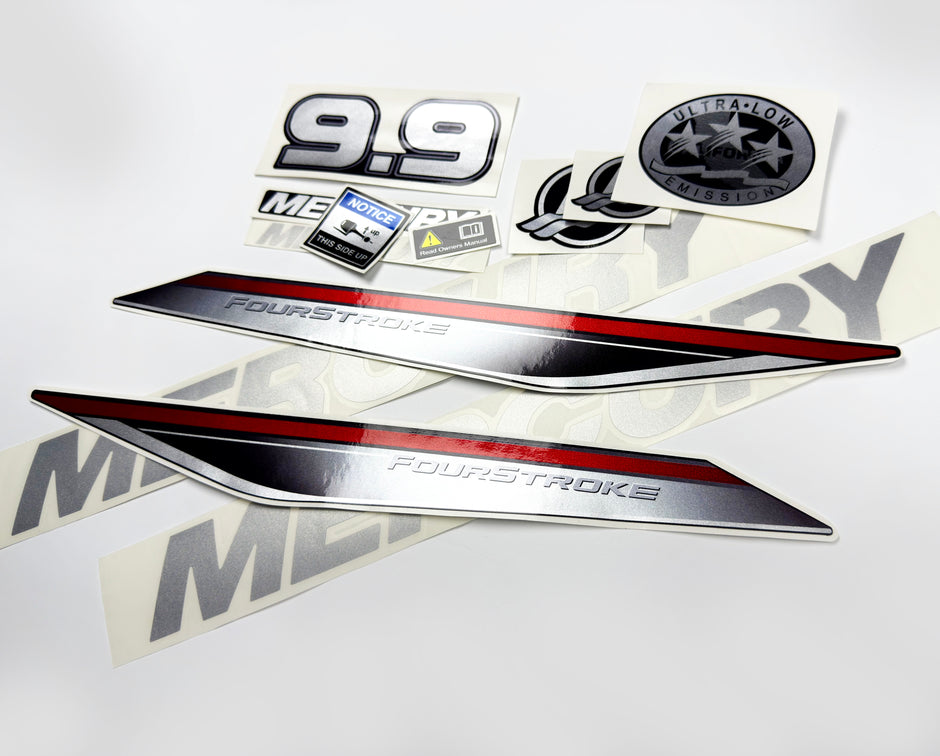 Vinyl graphic silver shimmer decals set suitable for Mercury 9.9 hp four stroke outboard engine. Vinyl silver shimmer stickers kit for Mercury 9.9 hp four stroke Handmade