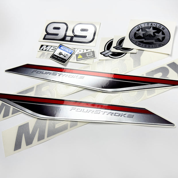 Vinyl graphic silver shimmer decals set suitable for Mercury 9.9 hp four stroke outboard engine. Vinyl silver shimmer stickers kit for Mercury 9.9 hp four stroke Handmade