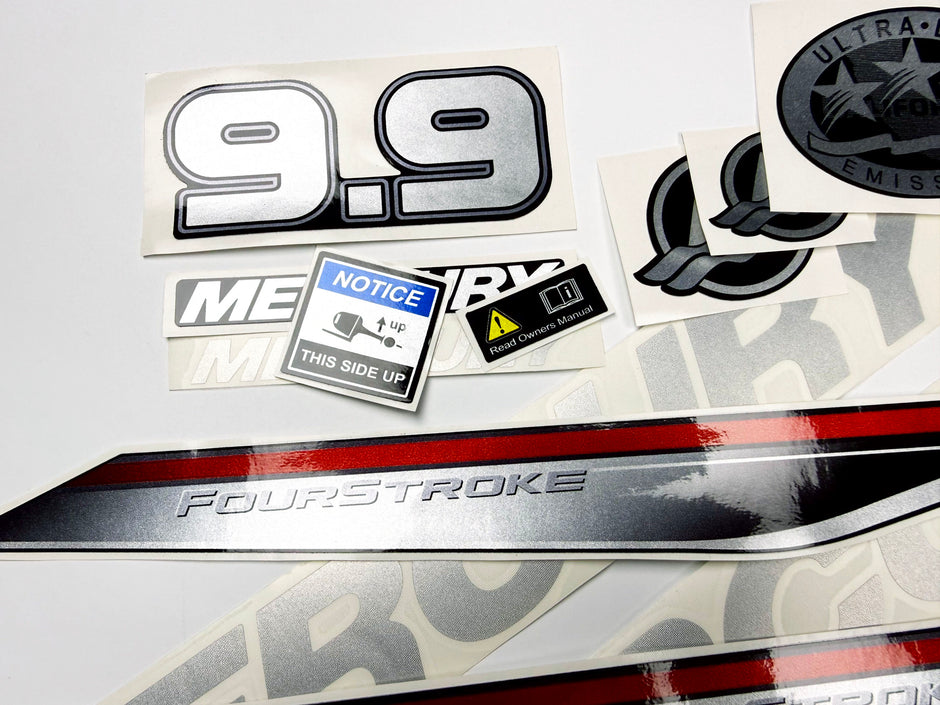 Vinyl graphic silver shimmer decals set suitable for Mercury 9.9 hp four stroke outboard engine. Vinyl silver shimmer stickers kit for Mercury 9.9 hp four stroke Handmade