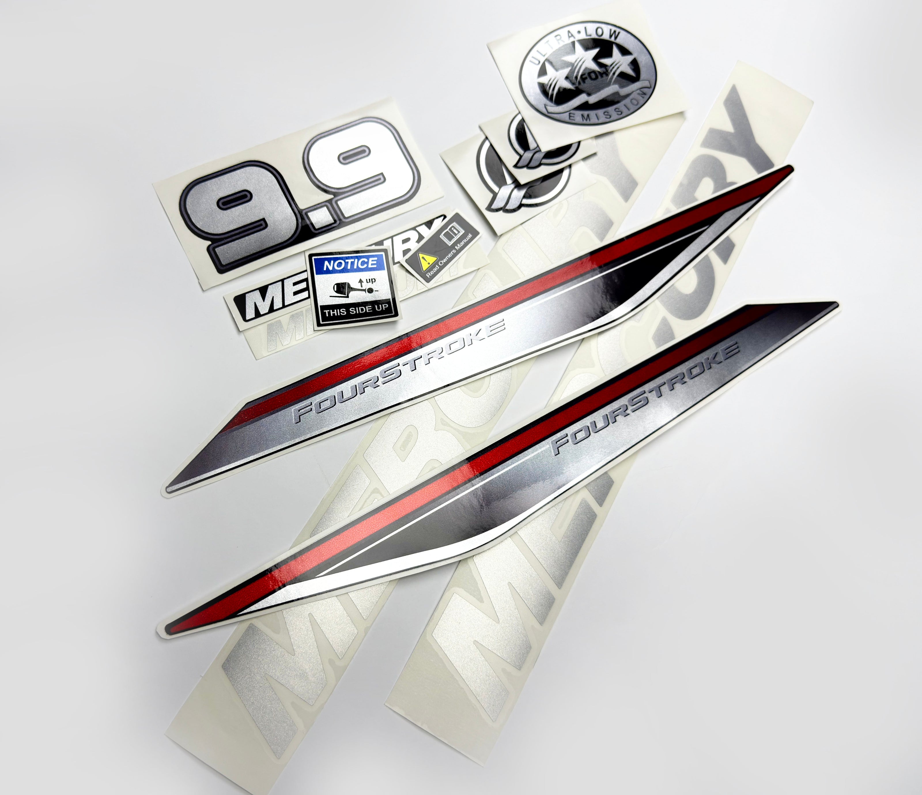Vinyl graphic silver shimmer decals set suitable for Mercury 9.9 hp four stroke outboard engine. Vinyl silver shimmer stickers kit for Mercury 9.9 hp four stroke Handmade