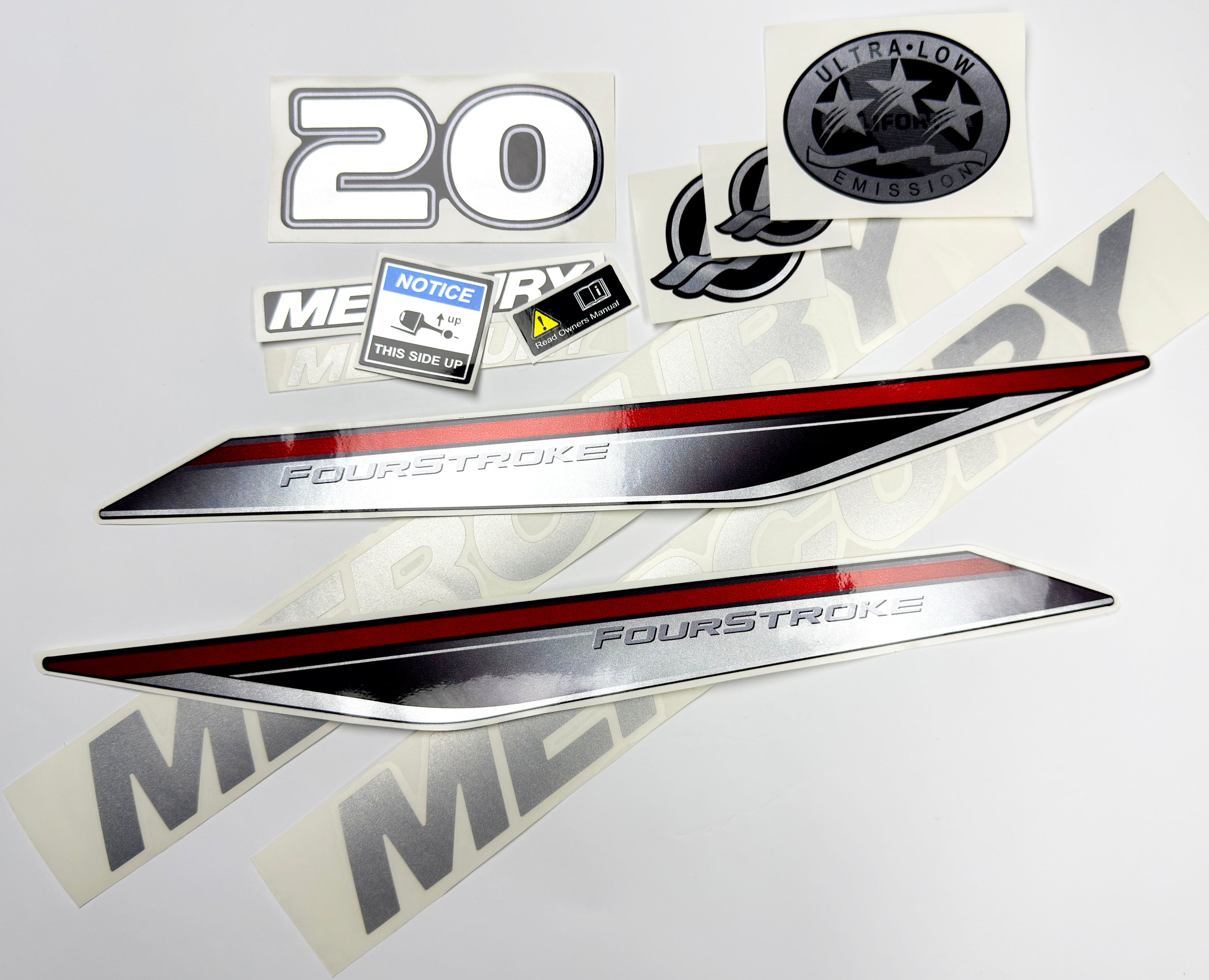 Vinyl graphic silver shimmer decals set suitable for Mercury 20 hp four stroke outboard engine. Vinyl silver shimmer stickers kit for Mercury 20 hp four stroke Handmade